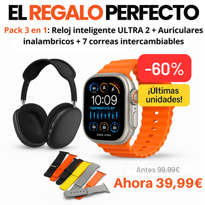Pack 3 en 1 Smartwatch Ultra 2 + Auriculares P9 + 7 Correas