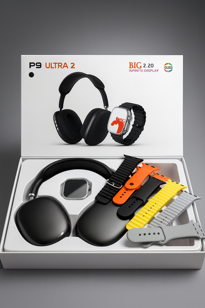 Pack 3 en 1 Smartwatch Ultra 2 + Auriculares P9 + 7 Correas