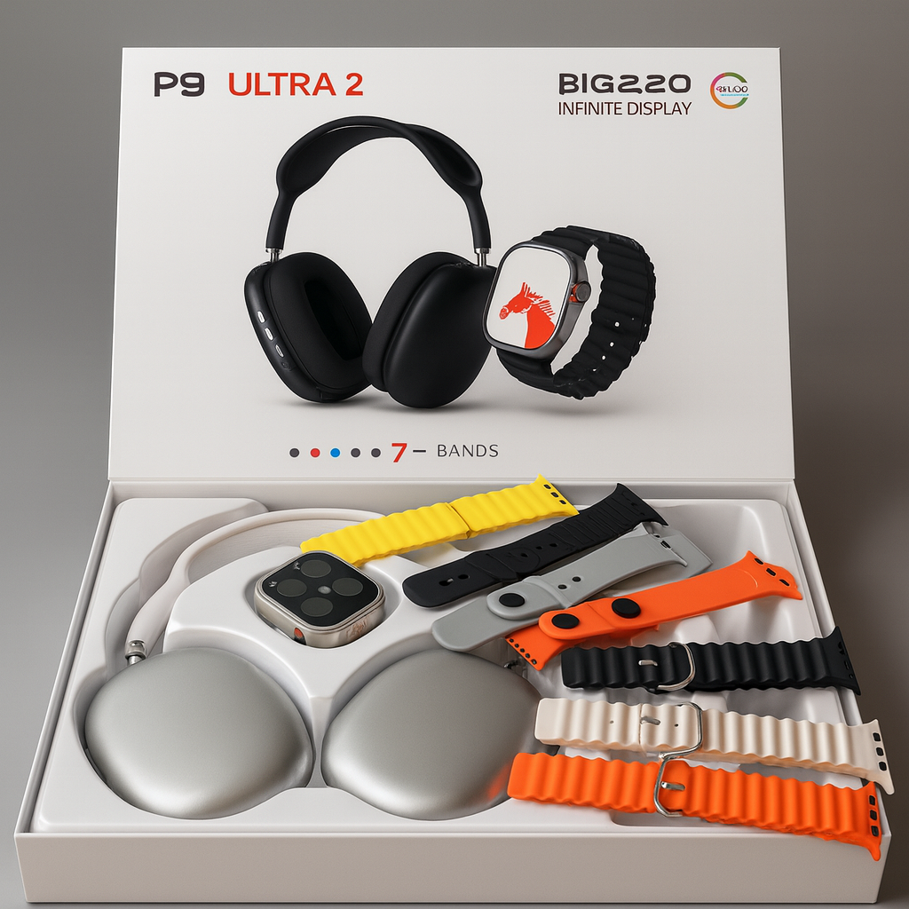 Pack 3 en 1 Smartwatch Ultra 2 + Auriculares P9 + 7 Correas