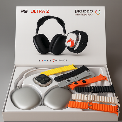 Pack 3 en 1 Smartwatch Ultra 2 + Auriculares P9 + 7 Correas