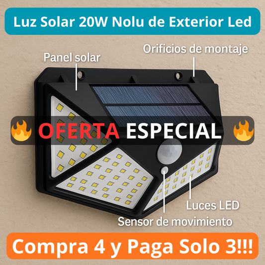 Luz Solar 20W NoLu Exterior Led + sensor de movimiento y 10h de batería