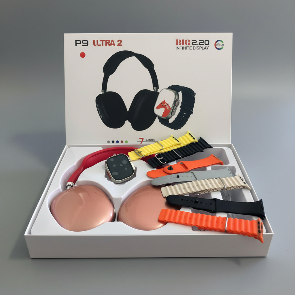 Pack 3 en 1 Smartwatch Ultra 2 + Auriculares P9 + 7 Correas